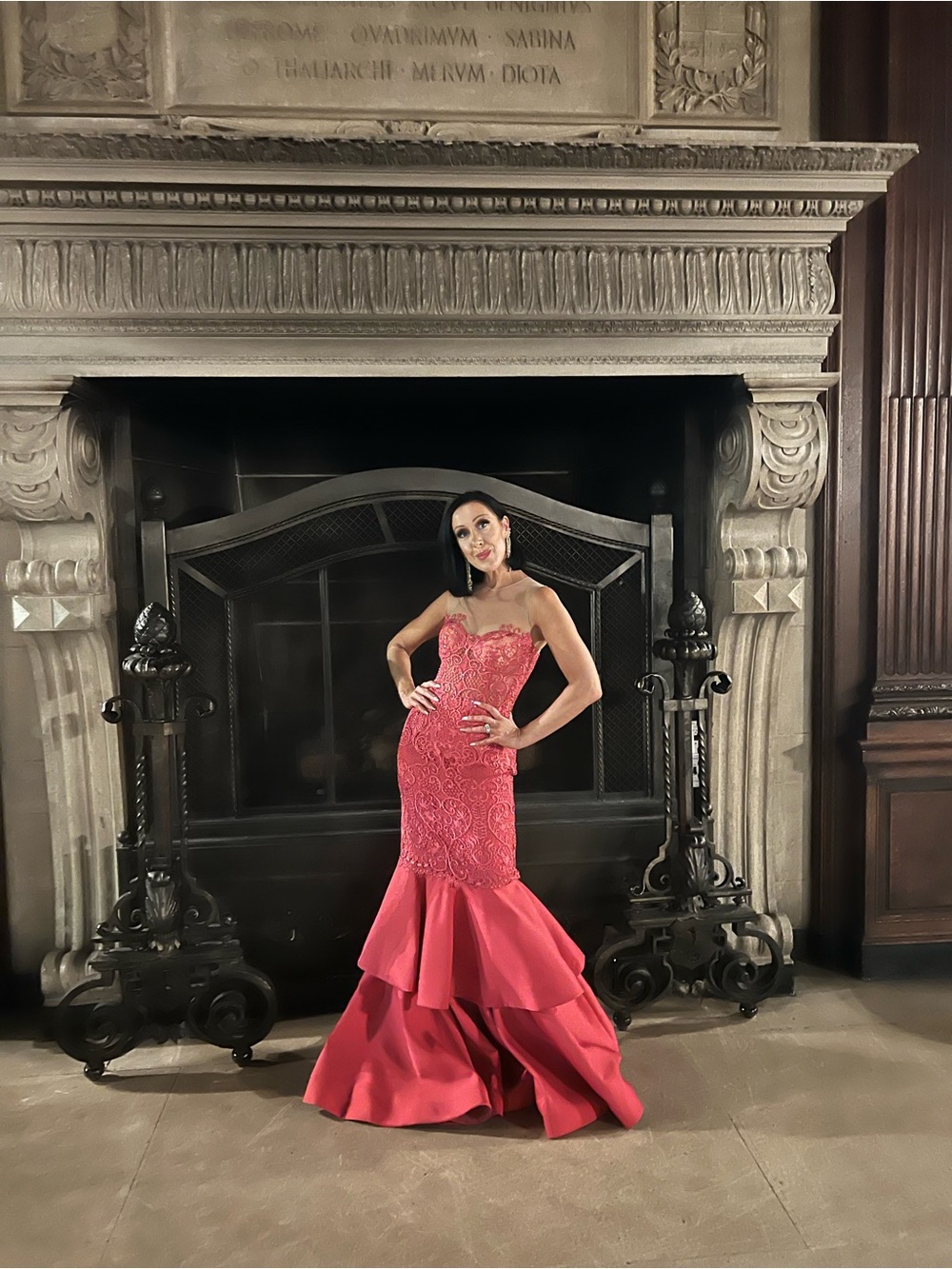 Tarik Ediz Hot Pink Lace Mermaid Prom Dress